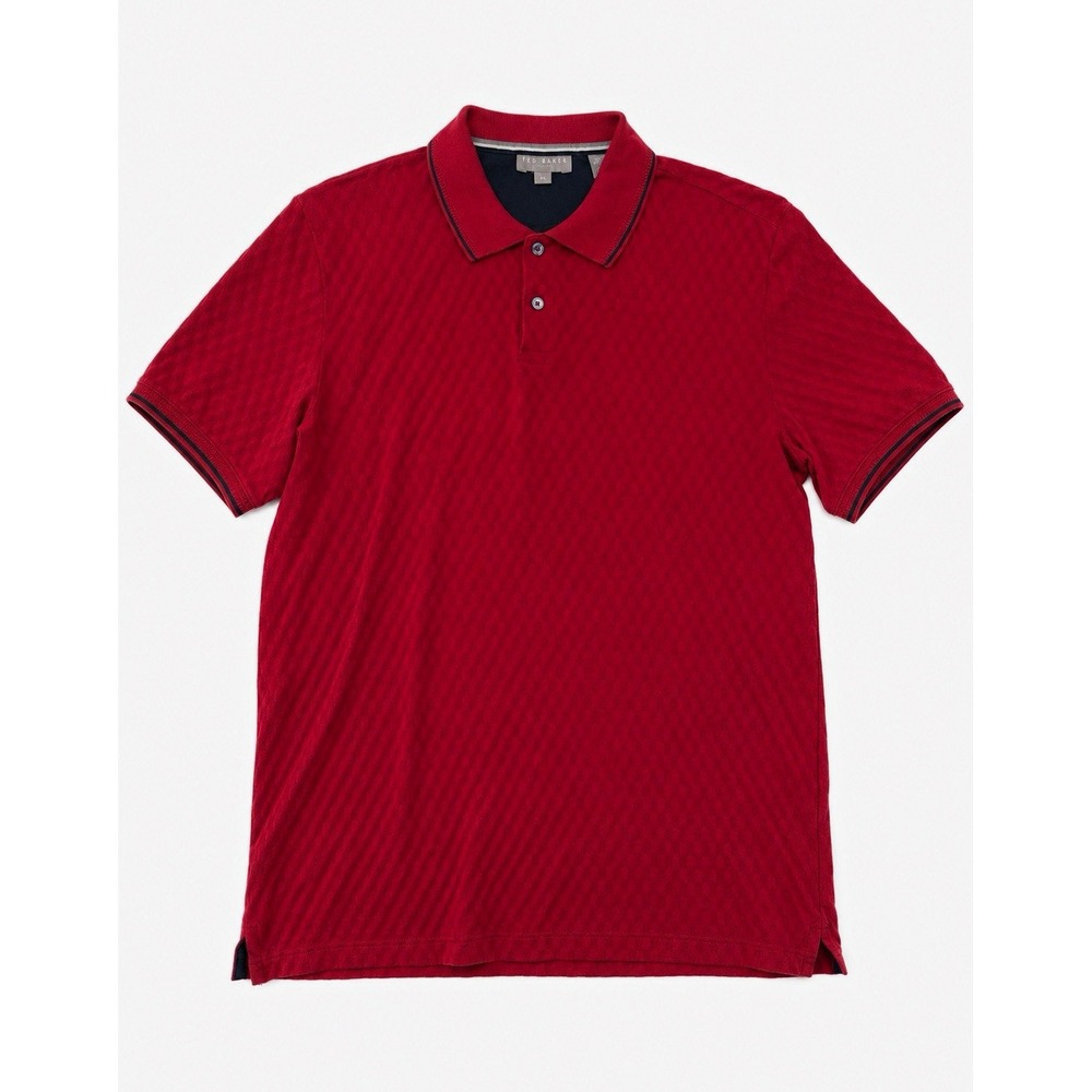 Ted Baker Mens XL Burgundy Textured Jacquard Polo Shirt Geometric Short Sleeve